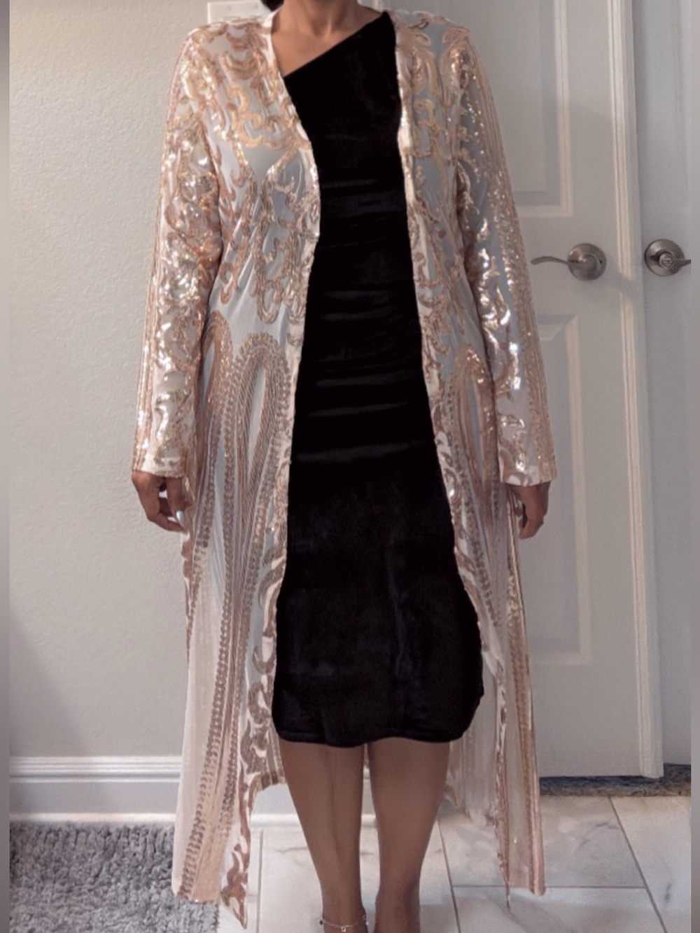 Sequin Embellished Long Open Front Duster - Rose Gold